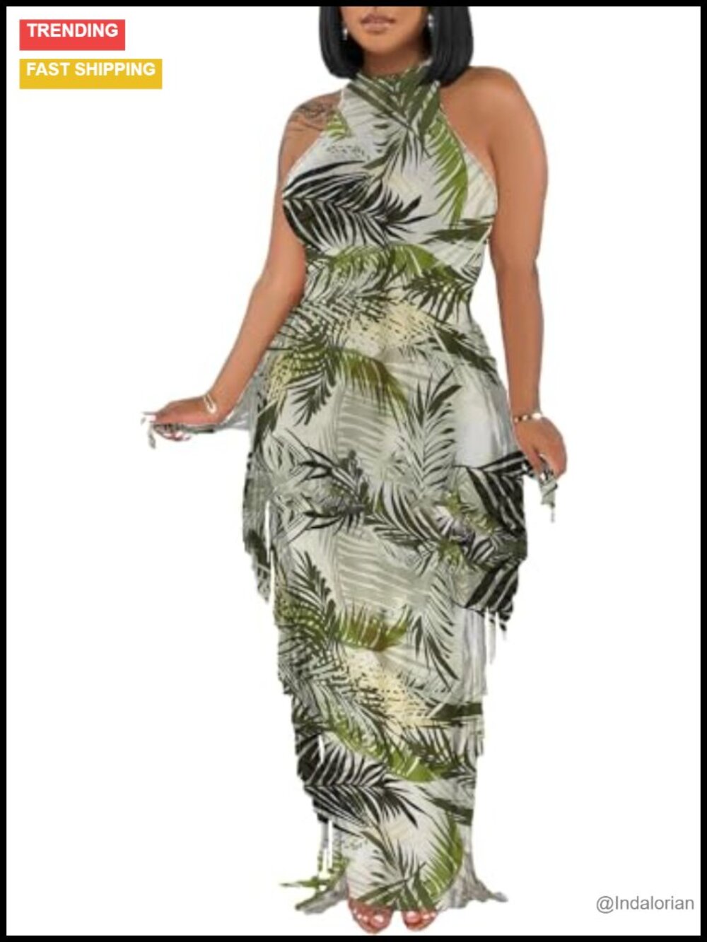 Women's 2 Piece Crop Top & Maxi Skirt Set Ruched Bodycon Fringe Club